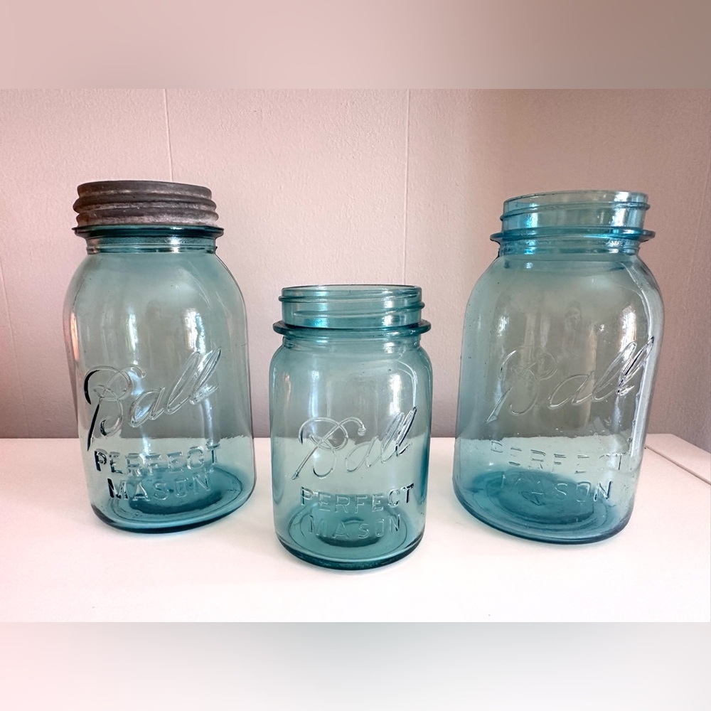 Vintage Ball Perfect Mason Blue Aqua Glass Jars - Set of 3